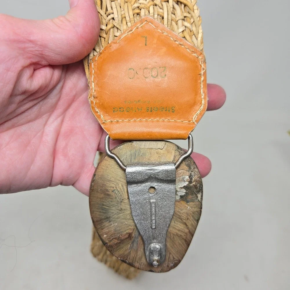 Streets Ahead Woven Straw Belt Ammonite Fossil Buckle Leather Tan Boho Large USA
